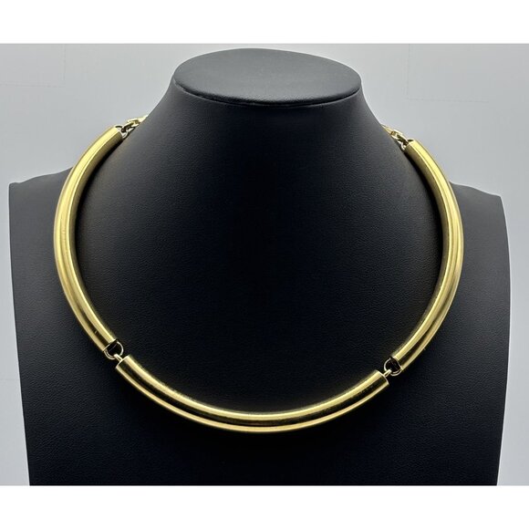 Vintage Ann Taylor Gold-Tone Curved Tubular Necklace Collar Adjustable, Logo Tag - Picture 2 of 13